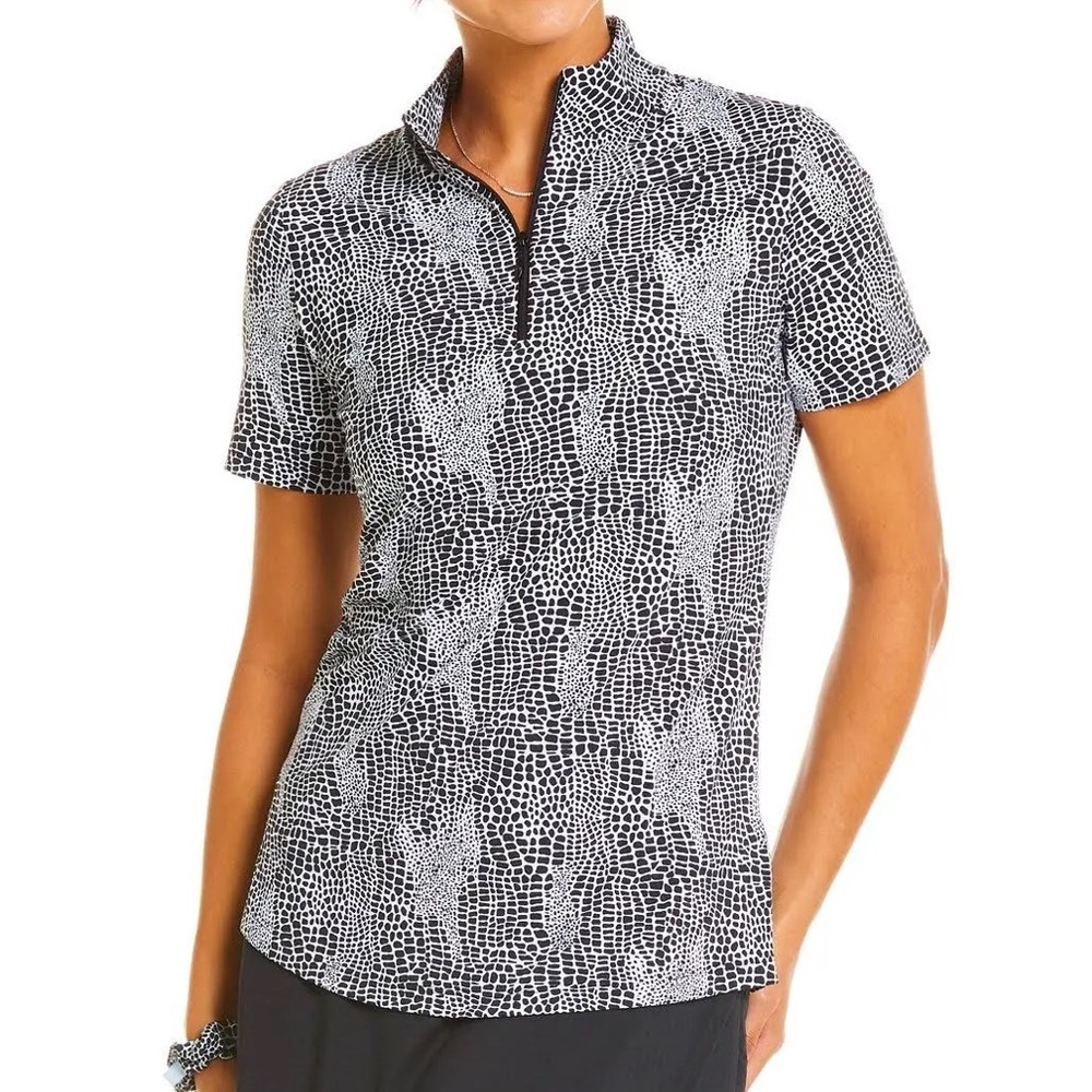 IBKUL Top BTB Snake Black White Short Sleeve Mock Preppy Golf Tennis Pickleball